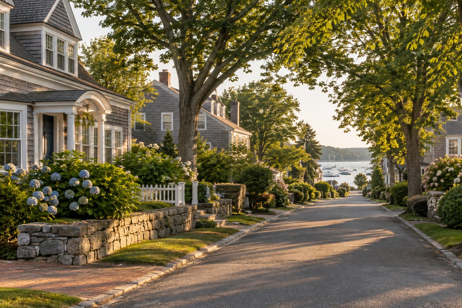 A tree lined Falmouth, Massachusetts street, illustrative