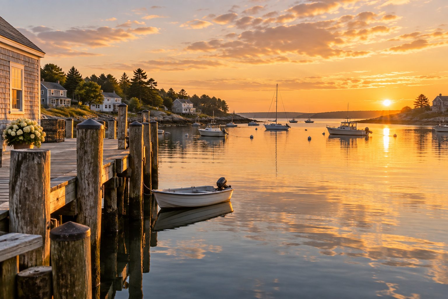 A quiet Cape Cod harbor at golden hour, illustrative