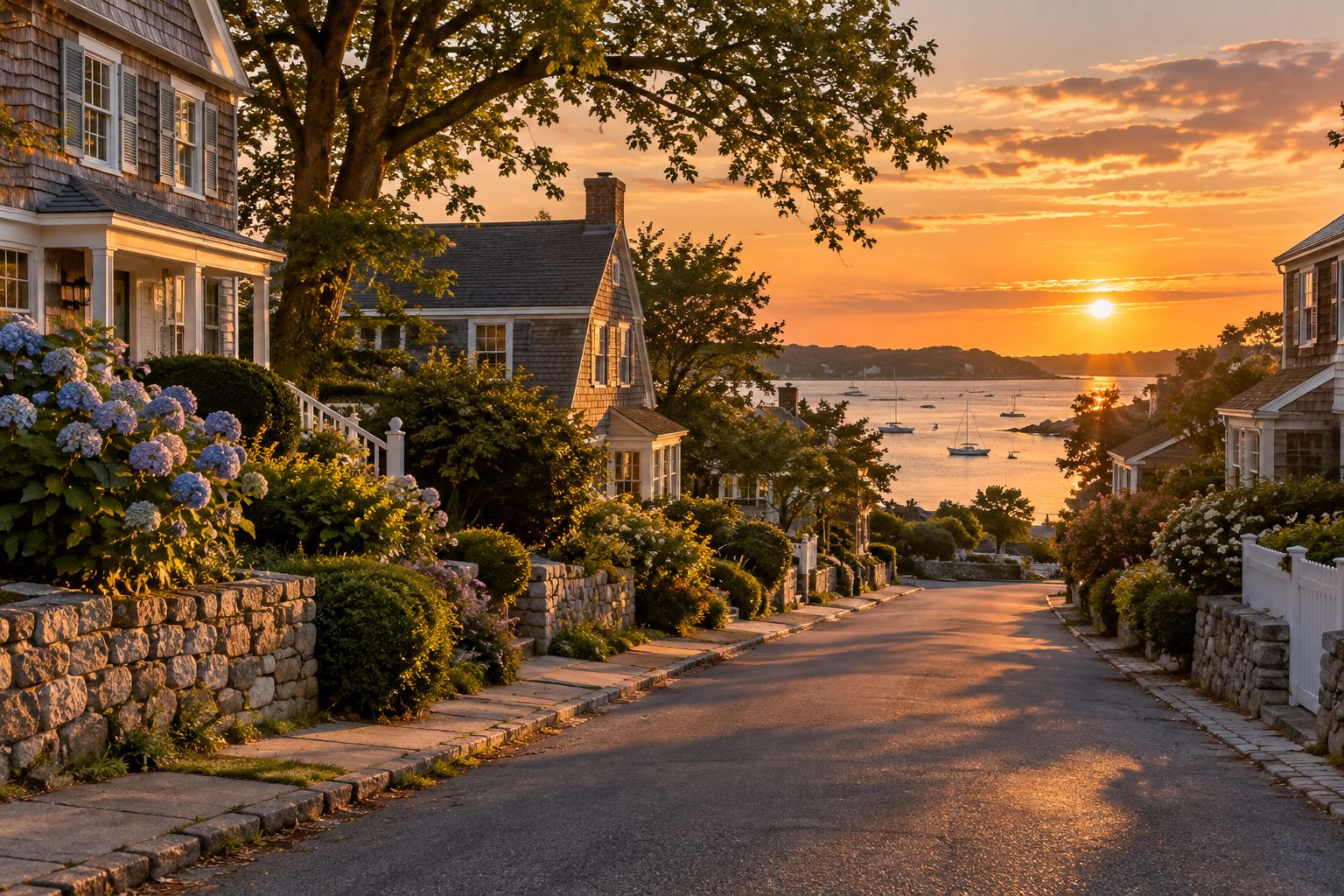 A leafy Cape Cod neighborhood at sunset, illustrative