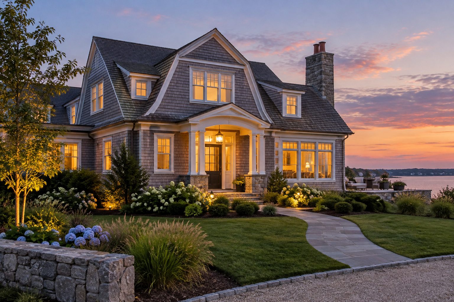 A classic Cape Cod style home exterior at dusk, illustrative