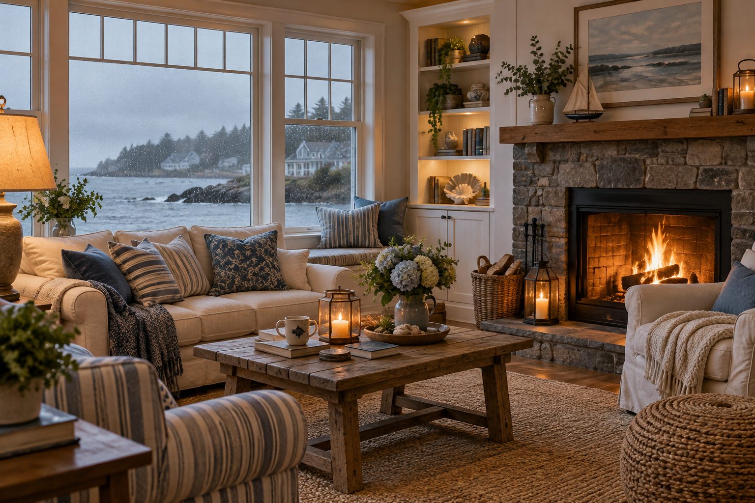 A cozy coastal New England living room on a rainy day, illustrative
