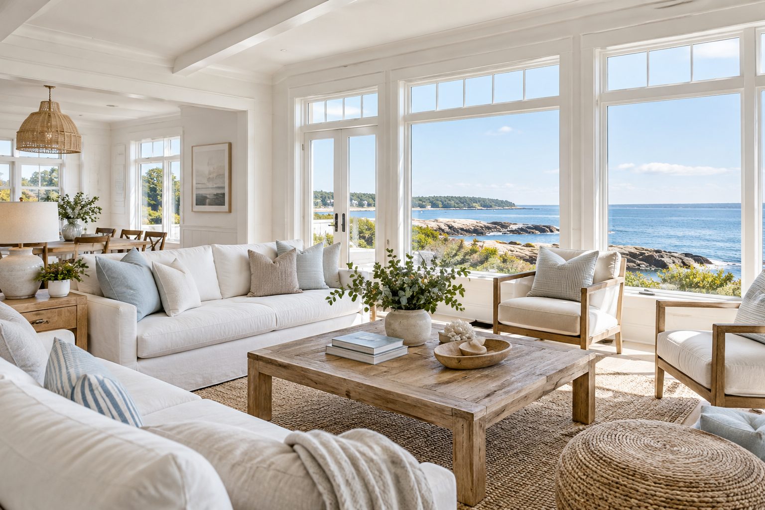 A bright coastal New England living room, illustrative